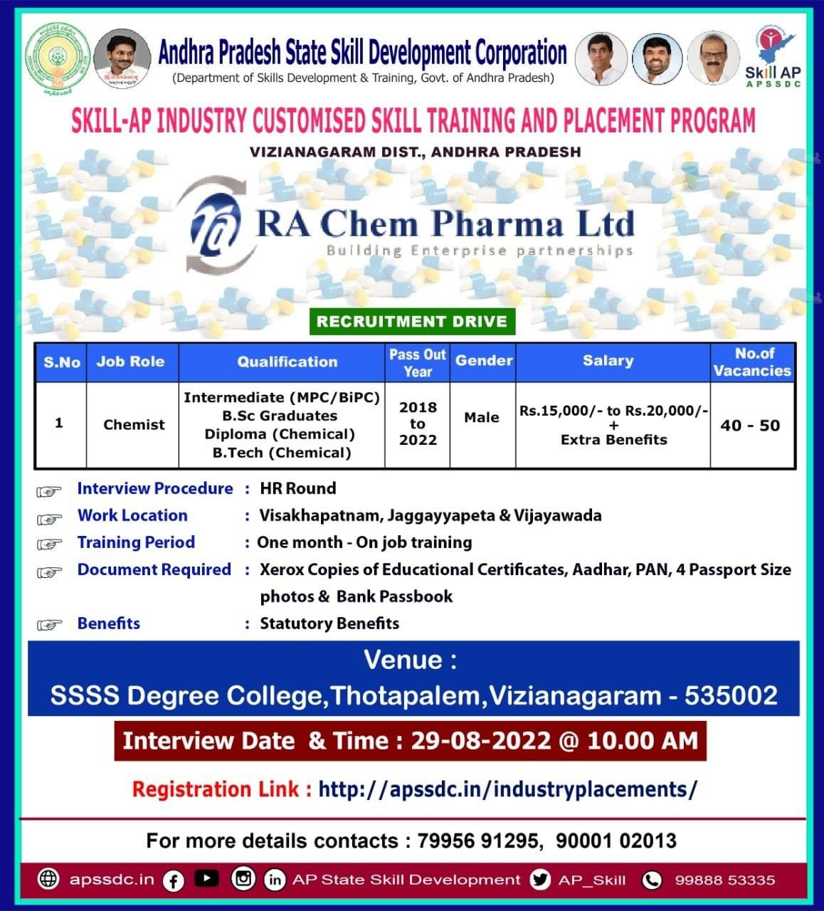 APSSDC Recruitment 2022 at RA Chem Pharma Ltd - Chemist Jobs